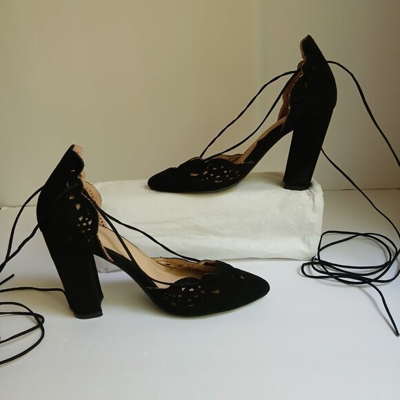 'Jenni' Black Suede CutOuts Block Heels Pointy Toes Long Ankle Wrap Laces Sz 8 - Picture 4 of 12